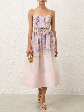 Zimmermann Pastel Floral Backless Midi Dress in Pink and Lavender linen size 2